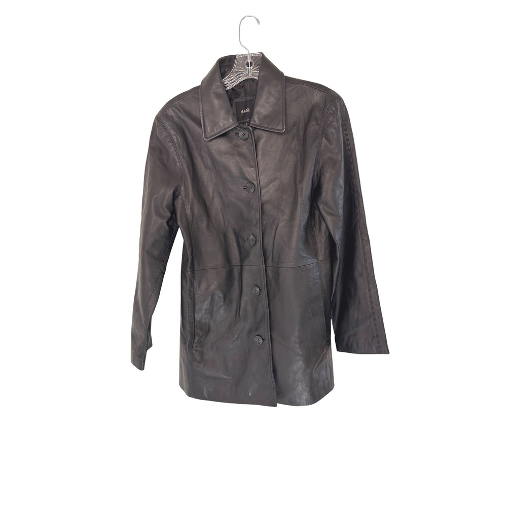 JLC New York Womens Black Genuine Leather Button Front Car Coat Jacket Small